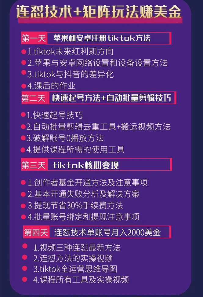 tiktok变现四天实战班连怼技术+矩阵玩法赚,单账号月入2000美金(实操视频)(图1)