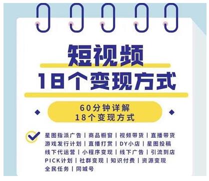 【副业项目2246期】短视频18个变现方式：星图指派广告、商铺橱窗、视频带货、直播带货等插图1