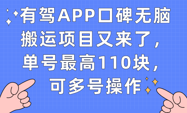 有驾APP口碑无脑搬运项目又来了，单号最高110块，可多号