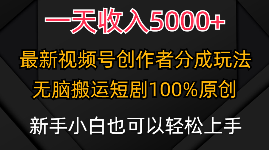 一天收入5000+，视频号创作者分成计划，最新100%原创玩法，小白也可以轻…-微众资源