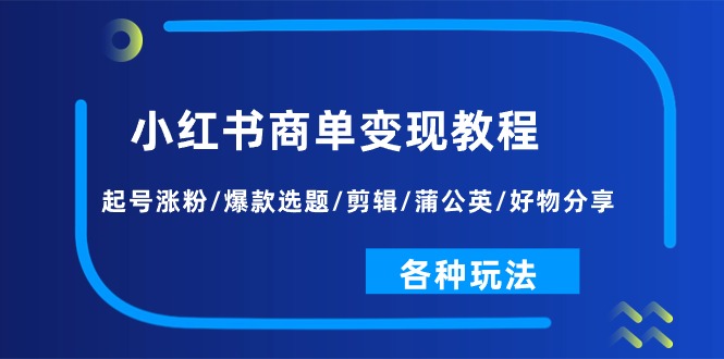 小红书商单变现教程：起号涨粉/爆款选题/剪辑/蒲公英/好物分享/各种玩法-微众资源