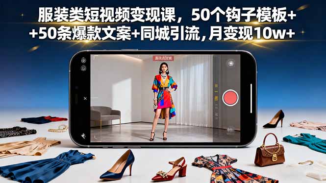 服装类短视频变现课，50个钩子模板+50条爆款文案+同城引流，月变现10w+_酷乐网