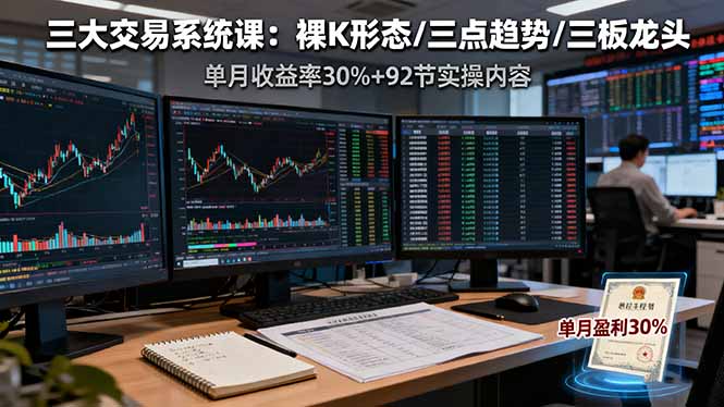 三大交易系统课：裸K形态/三点趋势/三板体系，单月收益率30%+92节实操内容_酷乐网