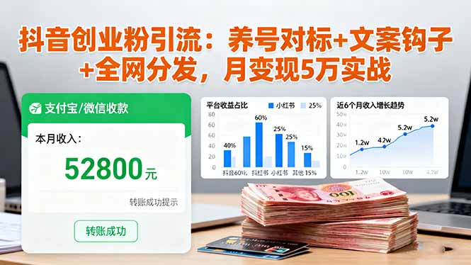 抖音创业粉引流：养号对标+文案钩子+全网分发，月变现5万实战_酷乐网