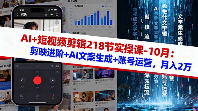 AI+短视频剪辑218节实操课-10月：剪映进阶+AI文案生成+账号运营，月入2万_酷乐网