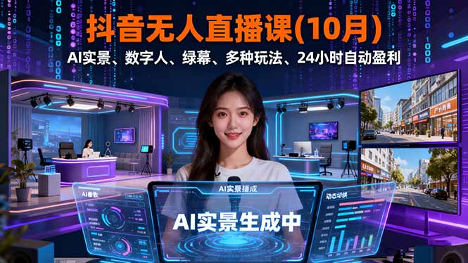抖音无人直播课(10月)，AI实景、数字人、绿幕、多种玩法、24小时自动盈利_酷乐网
