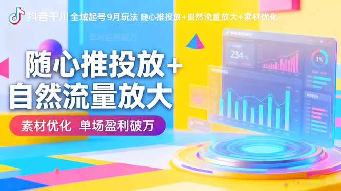 抖音千川全域起号9月玩法 随心推投放+自然流量放大+素材优化 单场盈利破万_酷乐网