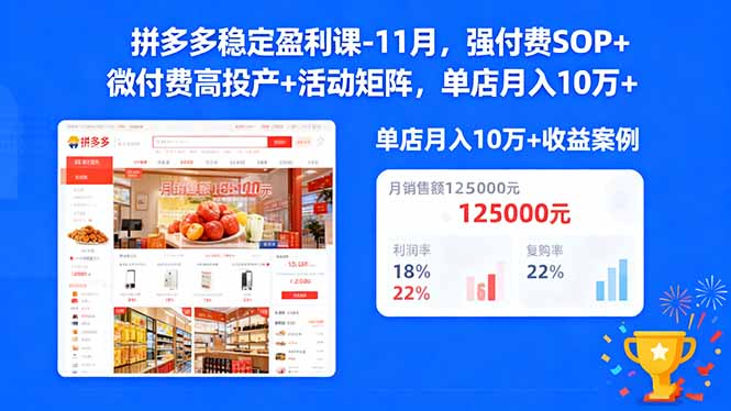 拼多多稳定盈利课-11月，强付费SOP+微付费高投产+活动矩阵，单店月入10万+_酷乐网