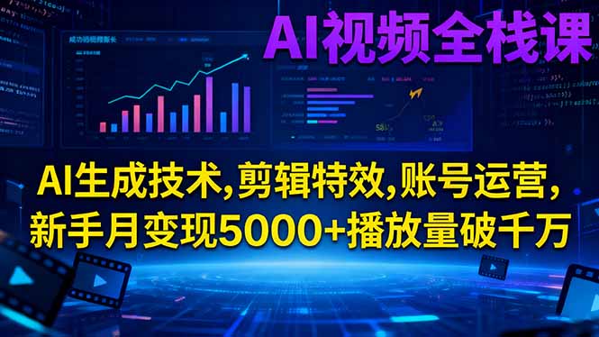 AI视频全栈课:AI生成技术,剪辑特效,账号运营,新手月变现5000+播放量破千万_酷乐网