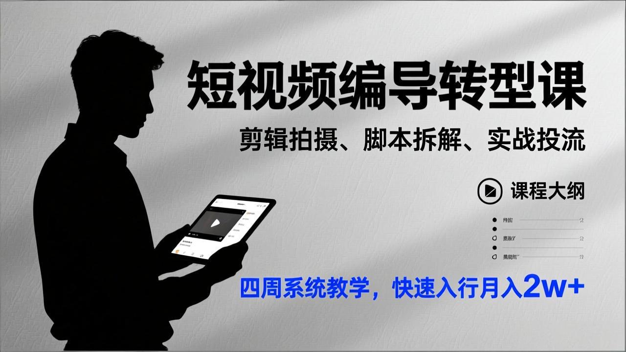 短视频编导转型课，剪辑拍摄、脚本拆解、实战投流，四周系统教学，快速入行月入2w+_酷乐网