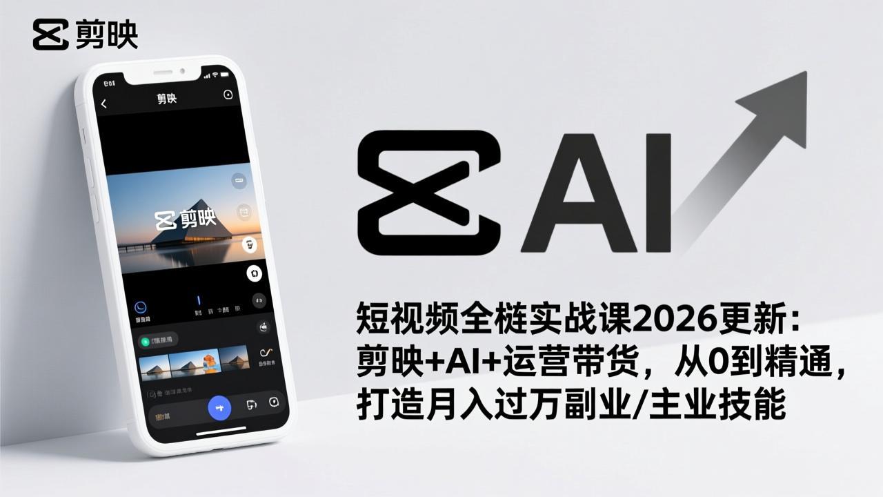 短视频全栈实战课2026更新:剪映+AI+运营带货,从0到精通,打造月入过万副业/主业技能_酷乐网