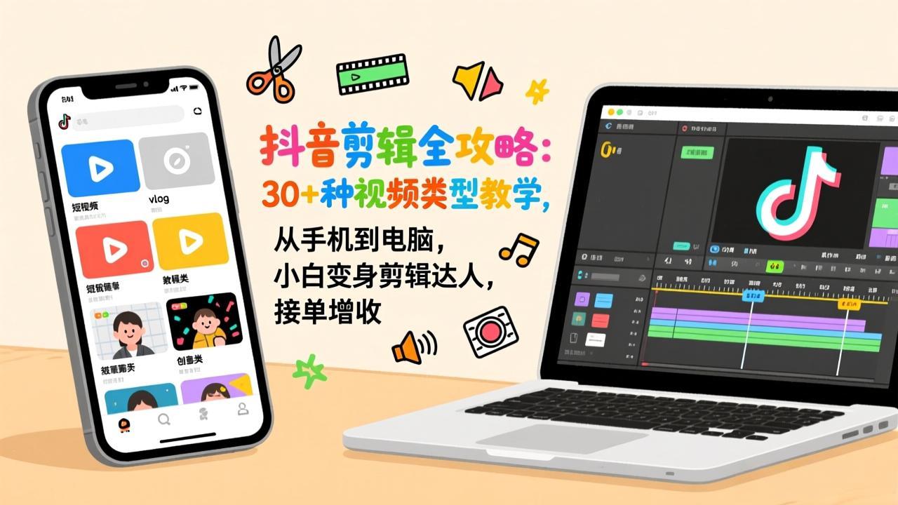 抖音剪辑全攻略:30+种视频类型教学,从手机到电脑,小白变身剪辑达人,接单增收