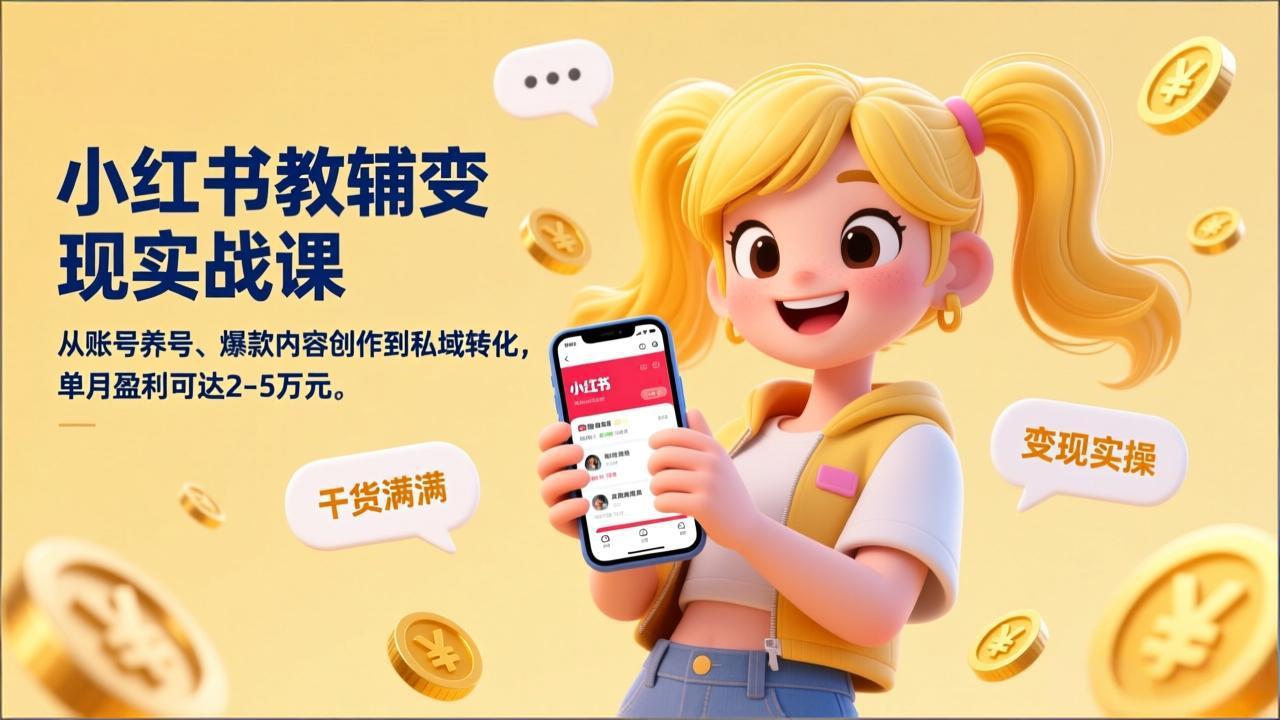 小红书教辅变现实战课，从账号养号、爆款内容创作到私域转化，单月盈利可达2-5万元_酷乐网