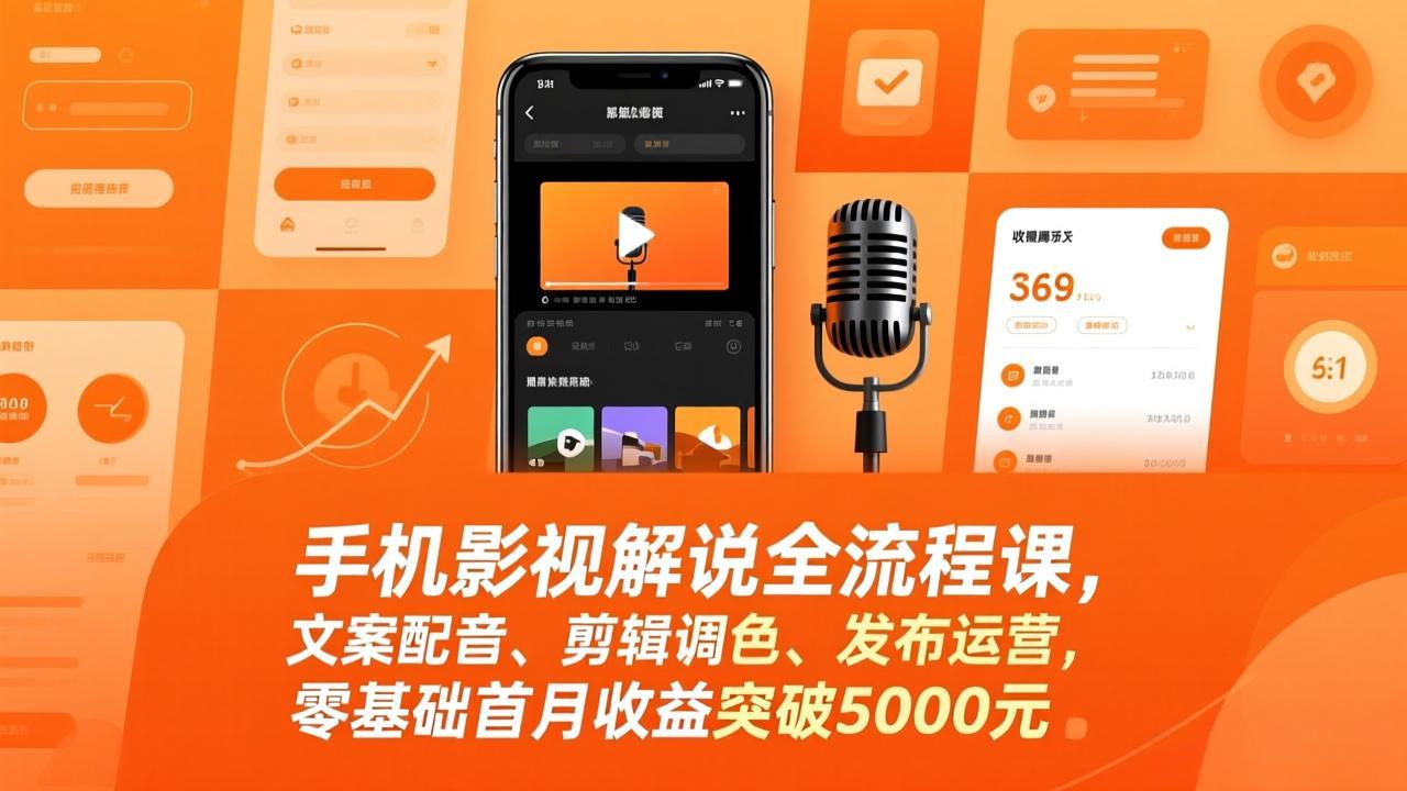 手机影视解说全流程课，文案配音、剪辑调色、发布运营，零基础首月收益突破5000元_酷乐网