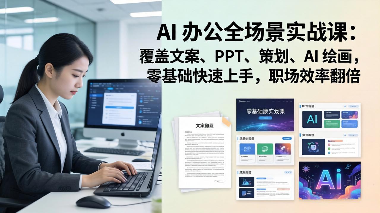 AI 办公全场景实战课：覆盖文案、PPT、策划、AI 绘画，零基础快速上手，职场效率翻倍_酷乐网