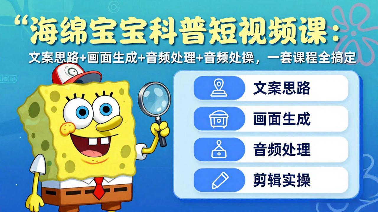 海绵宝宝科普短视频课：文案思路+画面生成+音频处理+剪辑实操，一套课程全搞定_酷乐网