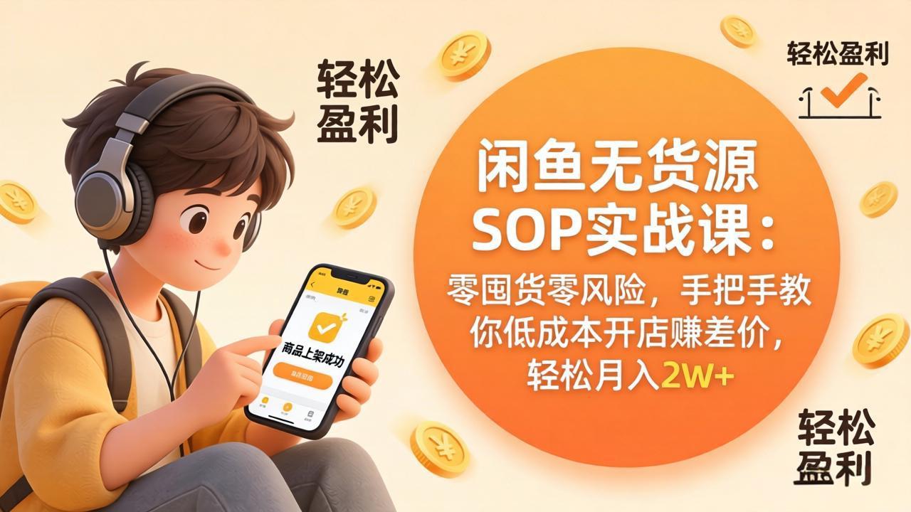 闲鱼无货源SOP实战课：零囤货零风险，手把手教你低成本开店赚差价，轻松月入2w+_酷乐网