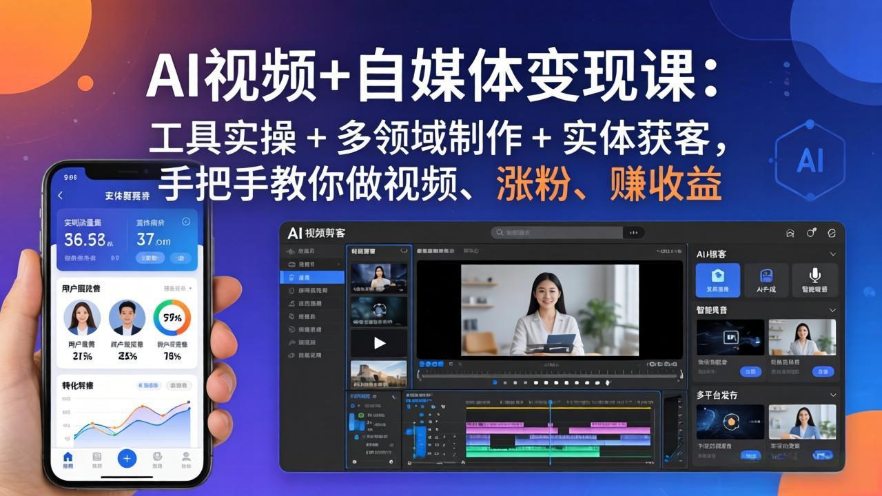 AI视频+自媒体变现课：工具实操 + 多领域制作 + 实体获客，手把手教你做视频、涨粉、赚收益_酷乐网