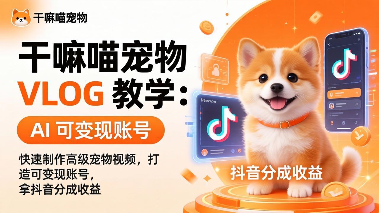干嘛喵宠物 VLOG 教学：AI 快速制作高级宠物视频，打造可变现账号，拿抖音分成收益_酷乐网