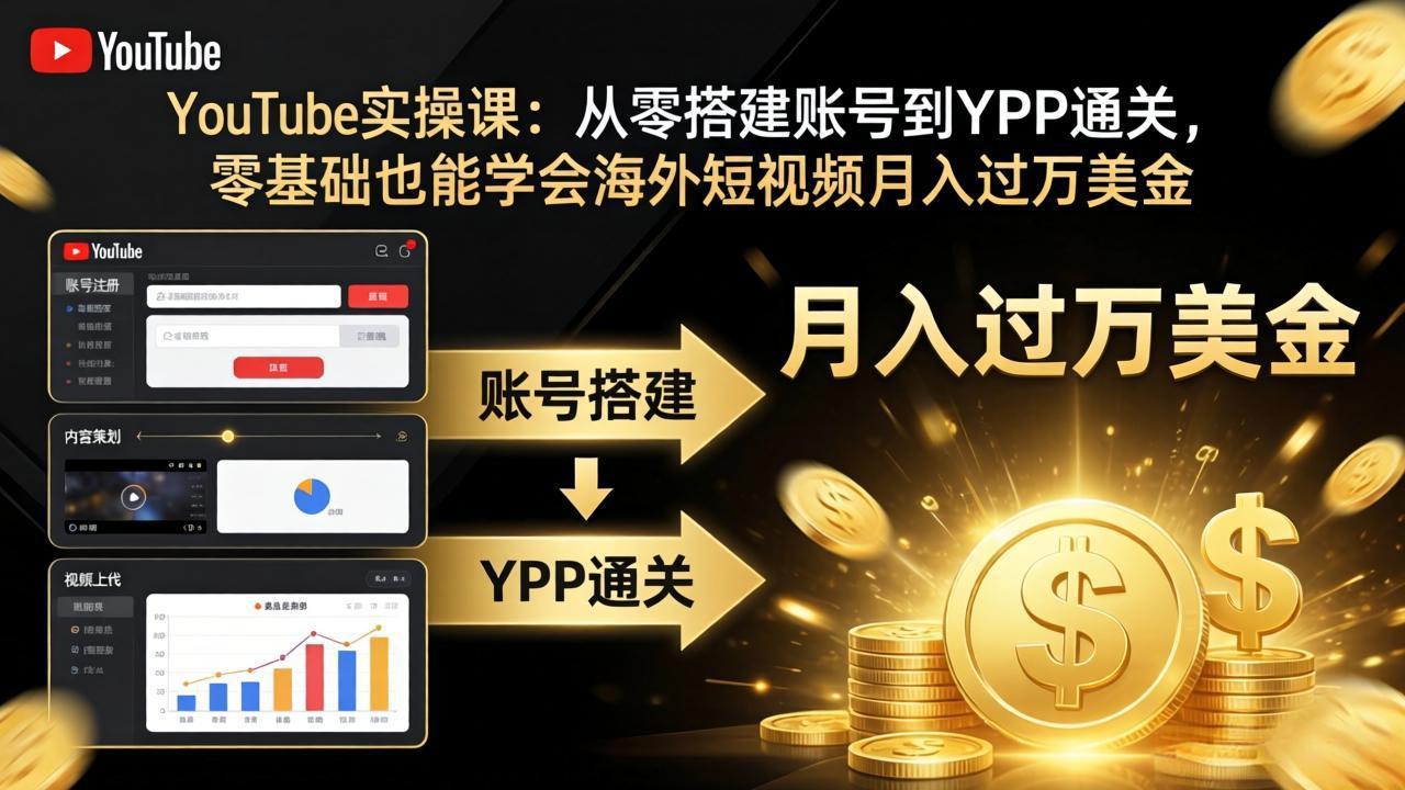 YouTube实操课：从零搭建账号到YPP通关，零基础也能学会海外短视频月入过万美金_酷乐网