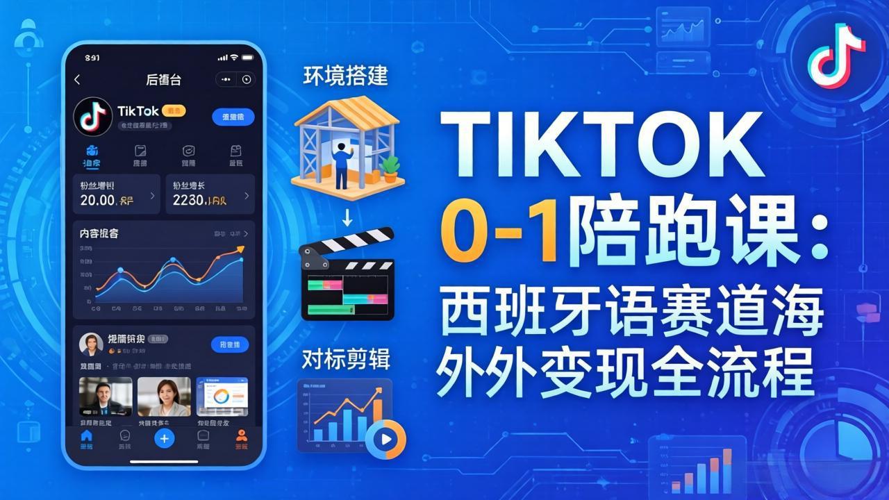 TIKTOK 0-1 陪跑课：从环境搭建到刷对标剪辑，西班牙语赛道海外变现全流程_酷乐网