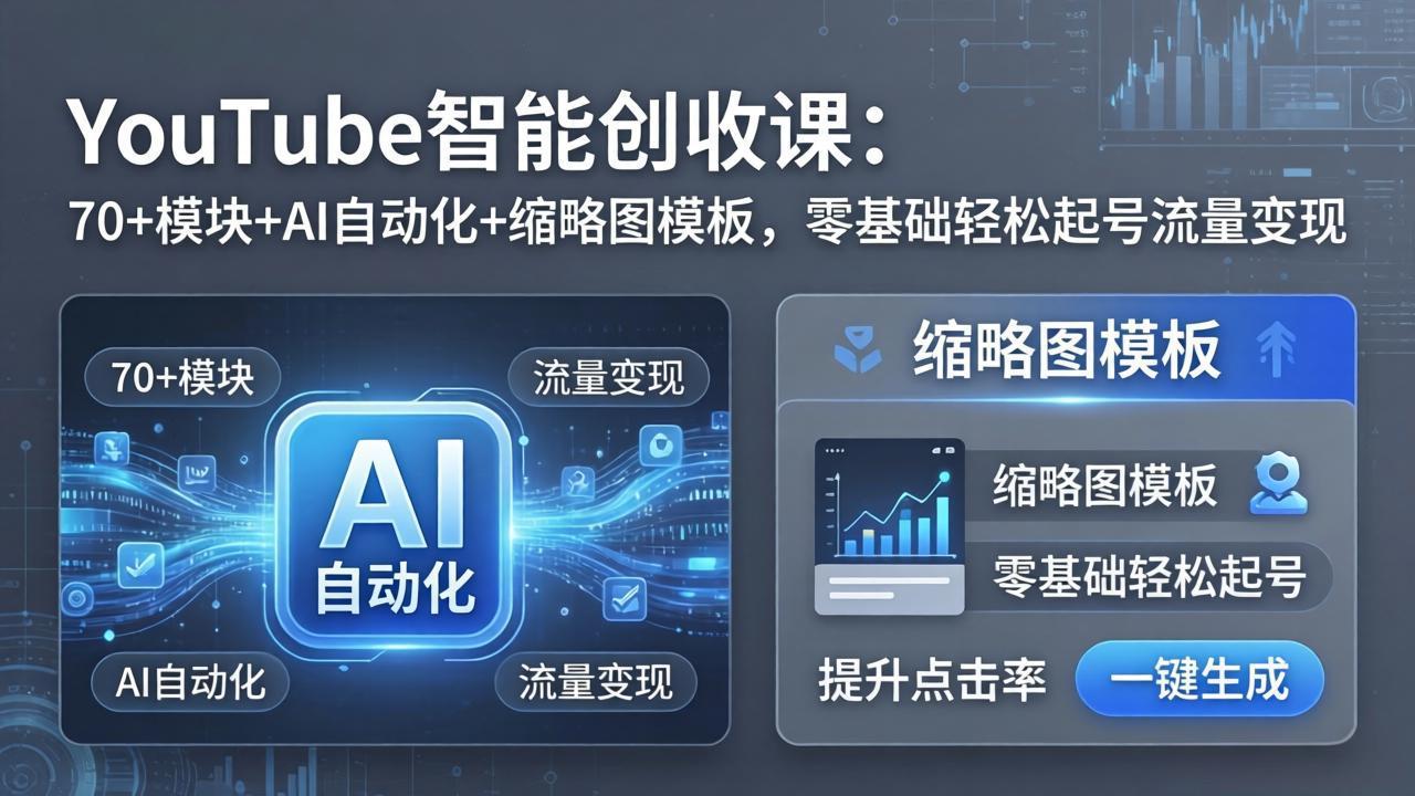 YouTube智能创收课：70+模块+AI自动化+缩略图模板，零基础轻松起号流量变现_酷乐网