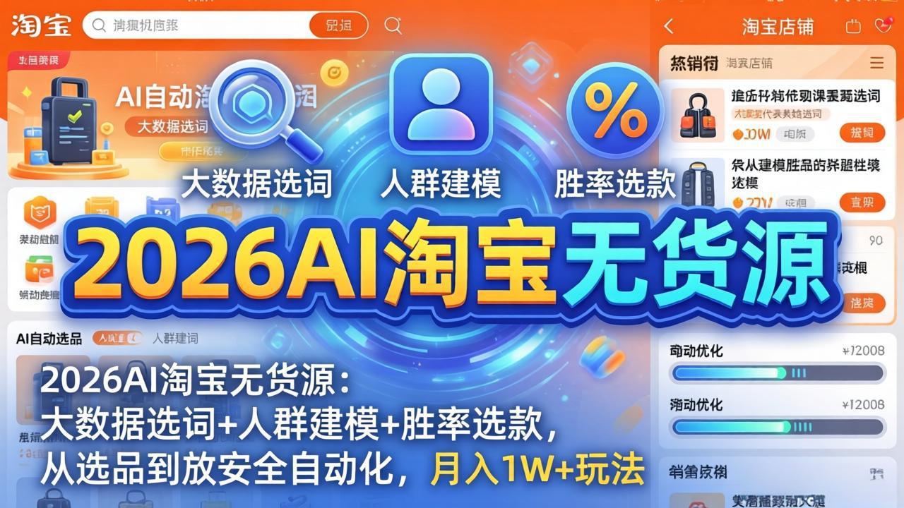 2026AI淘宝无货源-4月更新：大数据选词+人群建模+胜率选款，从选品到放大全自动化，月入1W+玩法_酷乐网
