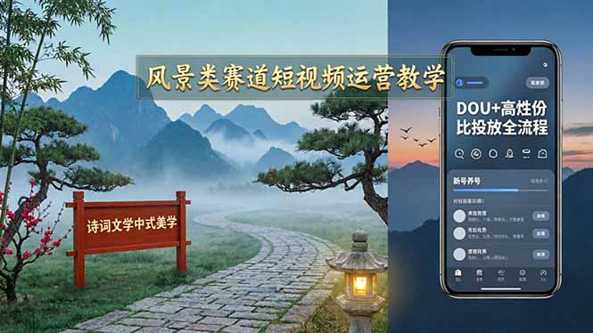 风景类赛道短视频运营教学：诗词文学中式美学，新号养号对标账号定位，DOU+高性价比投放全流程_酷乐网