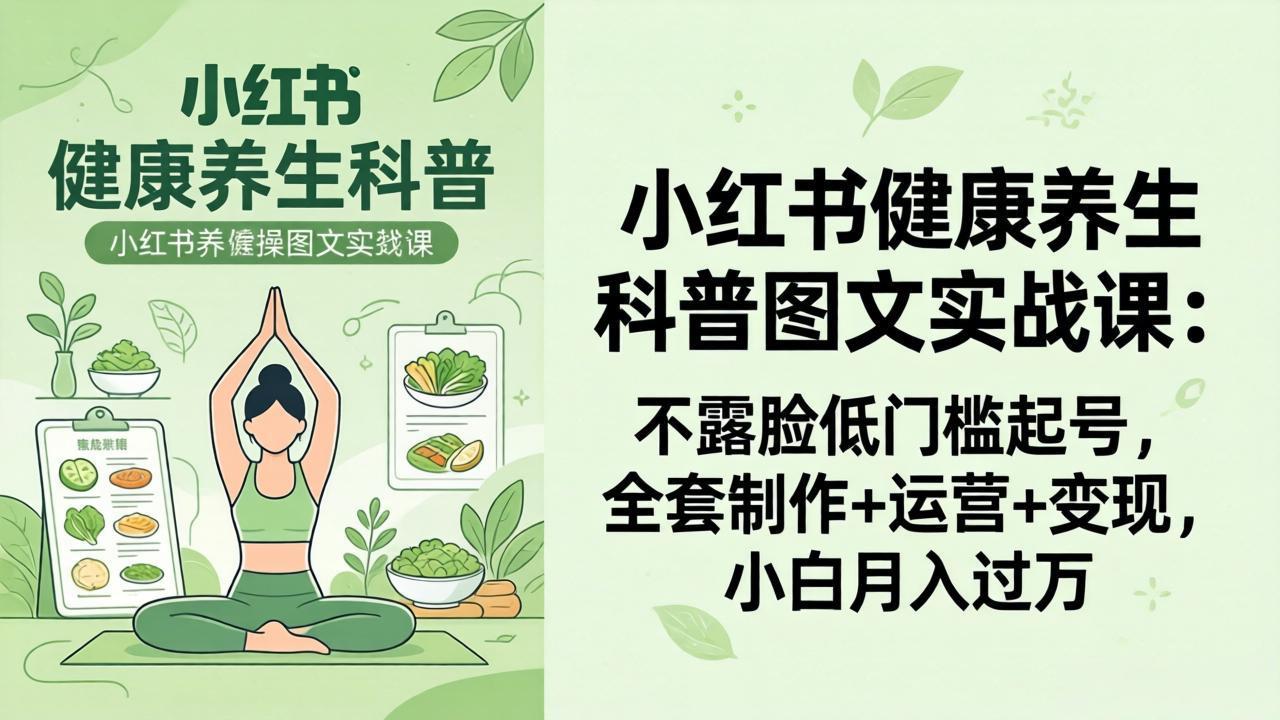 2026小红书健康养生科普图文实战课：不露脸低门槛起号，全套制作+运营+变现，小白月入过万_酷乐网