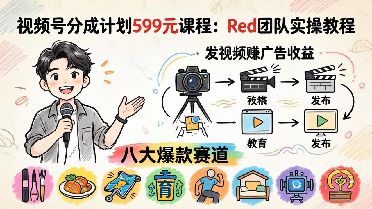 视频号分成计划599元课程：Red团队实操教程，发视频赚广告收益，八大爆款赛道全掌握_酷乐网