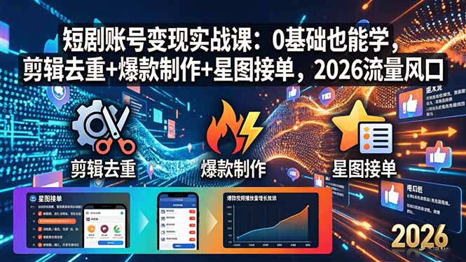 短剧账号变现实战课：0基础也能学，剪辑去重+爆款制作+星图接单，2026流量风口-951博客